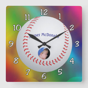 Baseball Multi-color Background Photo Personalize Square Wall Clock