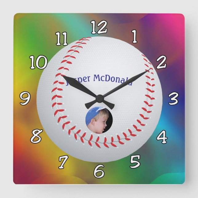 Baseball Multi-color Background Photo Personalize Square Wall Clock (Front)