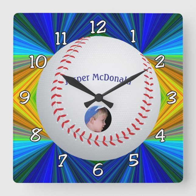 Baseball Multi-color Background Photo Personalize Square Wall Clock (Front)