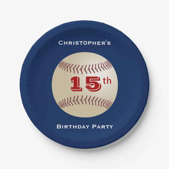 Baseball,  Name, 15th Birthday Party Blue Paper Plates (Front)