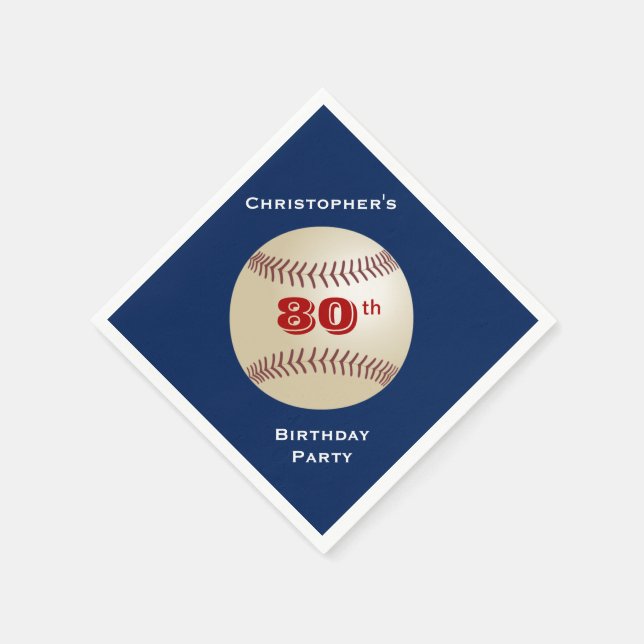 Baseball, Name, 80th Birthday Party Blue Paper Napkins (Corner)