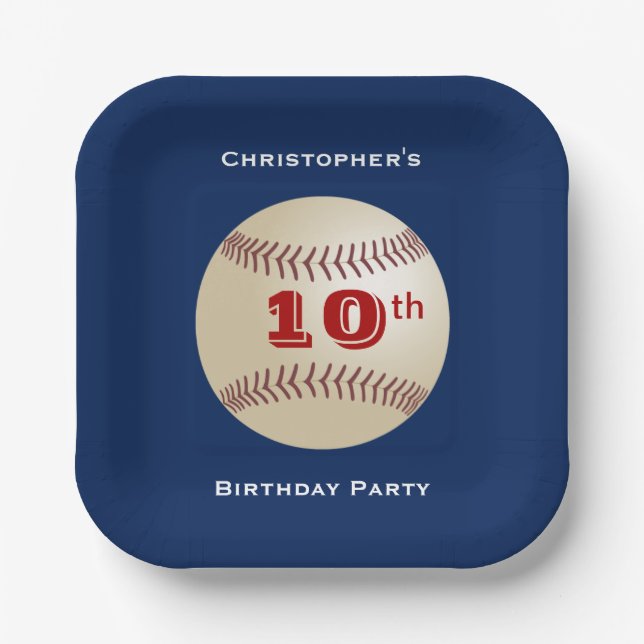 Baseball, Name 9th/10th Birthday Party Blue Square Paper Plates (Front)