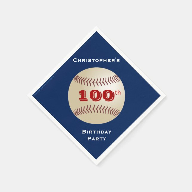 Baseball, Name, Blue 100th Birthday Party Paper Napkins (Corner)