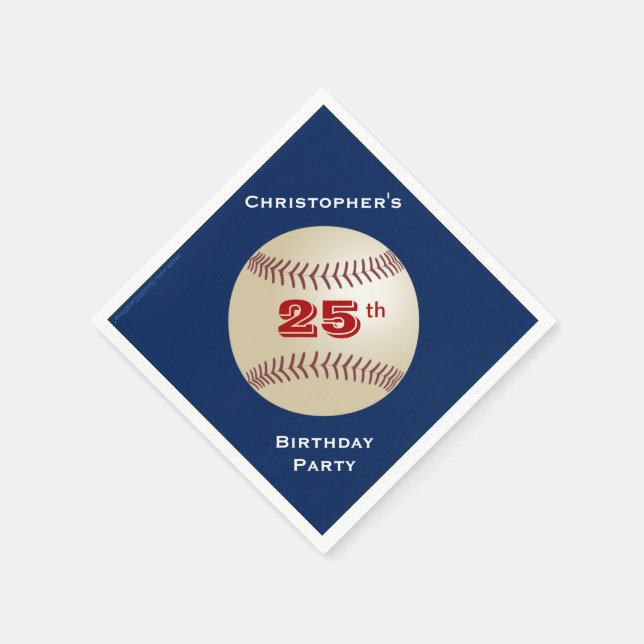 Baseball, Name, Blue 25th Birthday Party Paper Napkins (Corner)