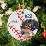 Baseball Name Jersey Number Photo Keepsake Ceramic Ornament<br><div class="desc">This design features a baseball background with space for a name, number and photo. Click the customize button for more flexibility in adjusting the text! Variations of this design as well as coordinating products are available in our shop, zazzle.com/store/doodlelulu. Contact us if you need this design applied to a specific...</div>