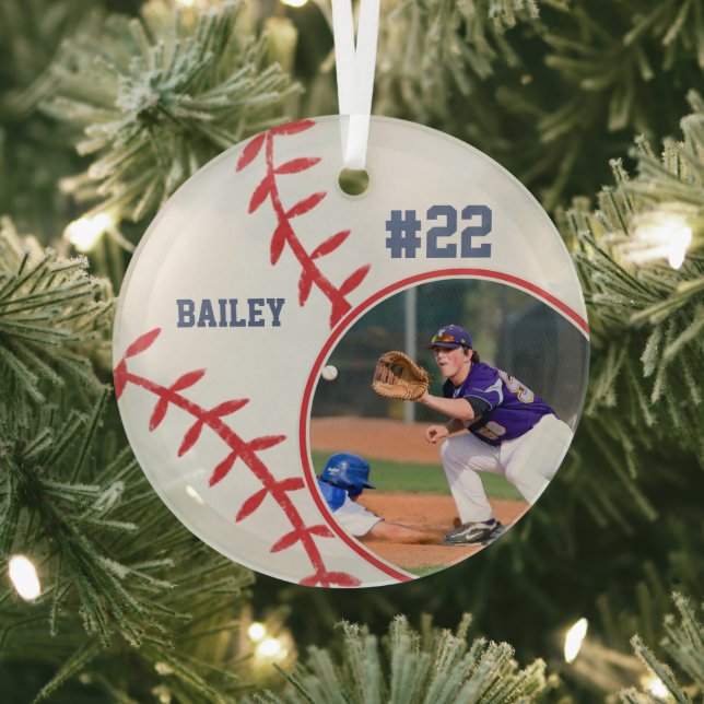 Baseball Name Jersey Number Photo Keepsake Glass Ornament (Insitu)