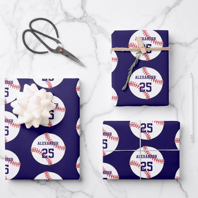 Baseball | Name & Number Wrapping Paper Sheets (Front)