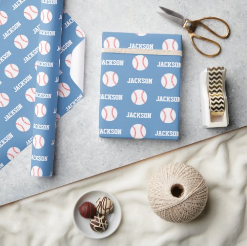 Baseball Name Pattern Blue Wrapping Paper