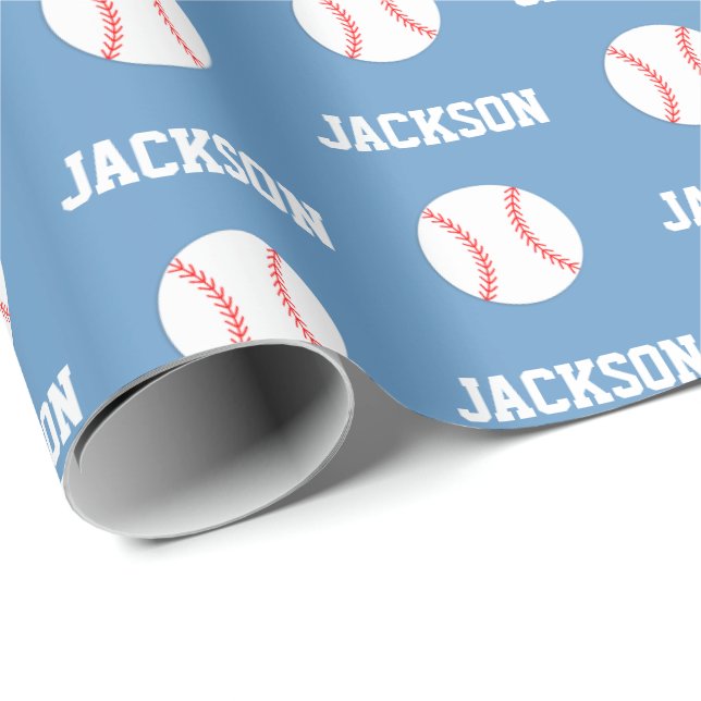 Baseball Name Pattern Blue Wrapping Paper (Roll Corner)