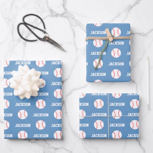 Baseball Name Pattern Blue Wrapping Paper Sheets