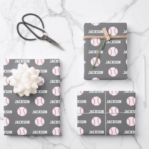 Baseball Name Pattern Gray Wrapping Paper Sheets