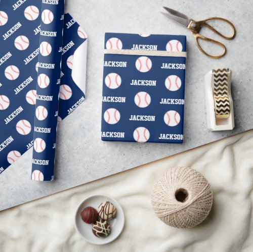 Baseball Name Pattern Navy Blue Wrapping Paper