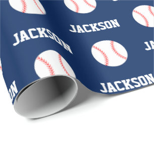 Baseball Name Pattern Navy Blue Wrapping Paper