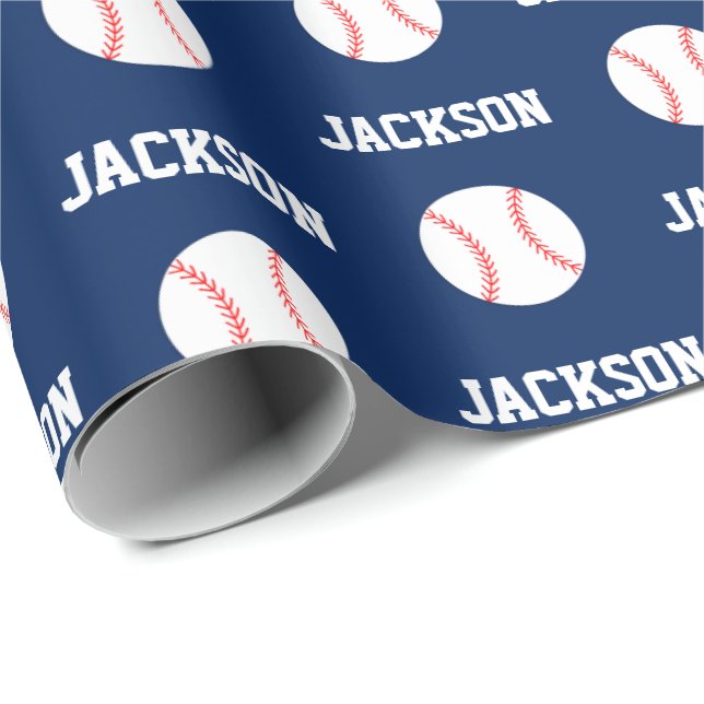 Baseball Name Pattern Navy Blue Wrapping Paper (Roll Corner)