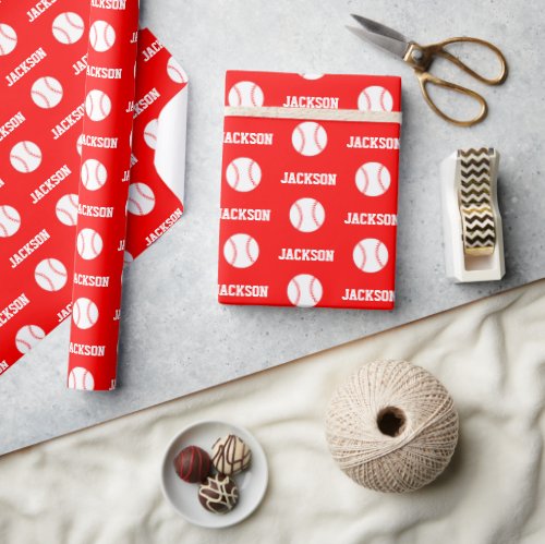 Baseball Name Pattern Red Wrapping Paper