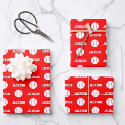 Baseball Name Pattern Red Wrapping Paper Sheets