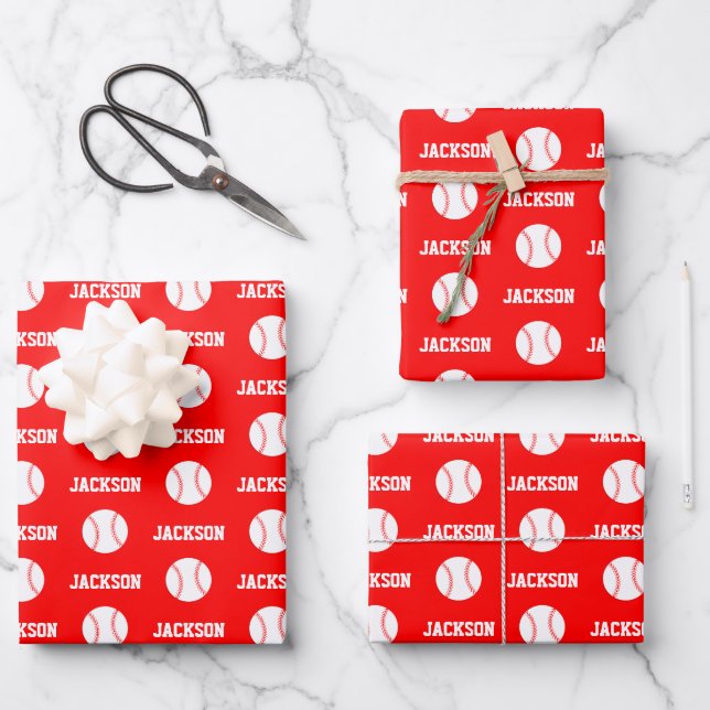 Baseball Name Pattern Red Wrapping Paper Sheets (Front)
