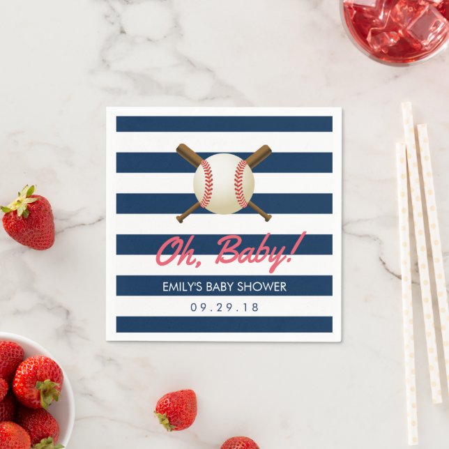 Baseball Navy Blue Stripes Sports Baby Shower Paper Napkins (Insitu)