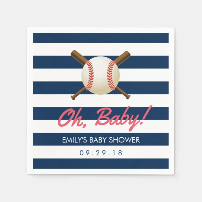 Baseball Navy Blue Stripes Sports Baby Shower Paper Napkins (Front)