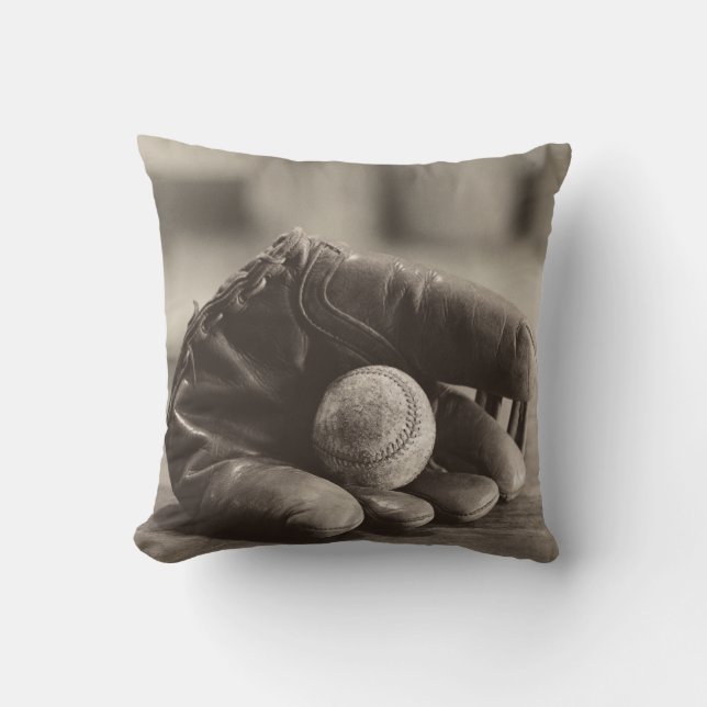 Baseball Nostalgia - Mitt and Baseball Throw Pillow (Front)