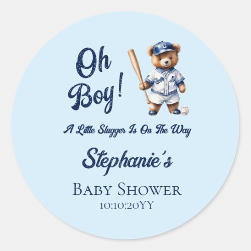 Baseball Oh Boy Baby Shower Cute Bear  Classic Round Sticker