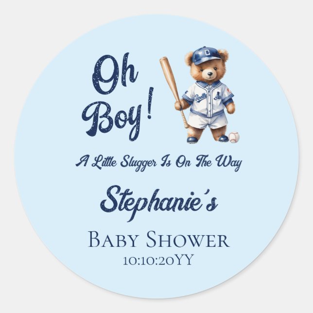 Baseball Oh Boy Baby Shower Cute Bear  Classic Round Sticker (Front)