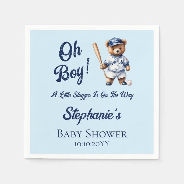 Baseball Oh Boy Baby Shower Cute Bear  Napkins (Front)