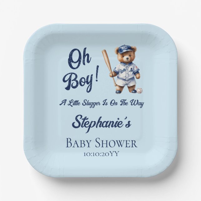 Baseball Oh Boy Baby Shower Cute Bear  Paper Plates (Front)