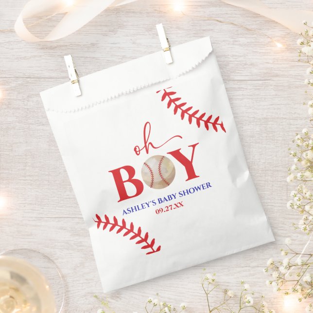 Baseball Oh Boy Brown White Baby Shower Favor Bag (Clipped)