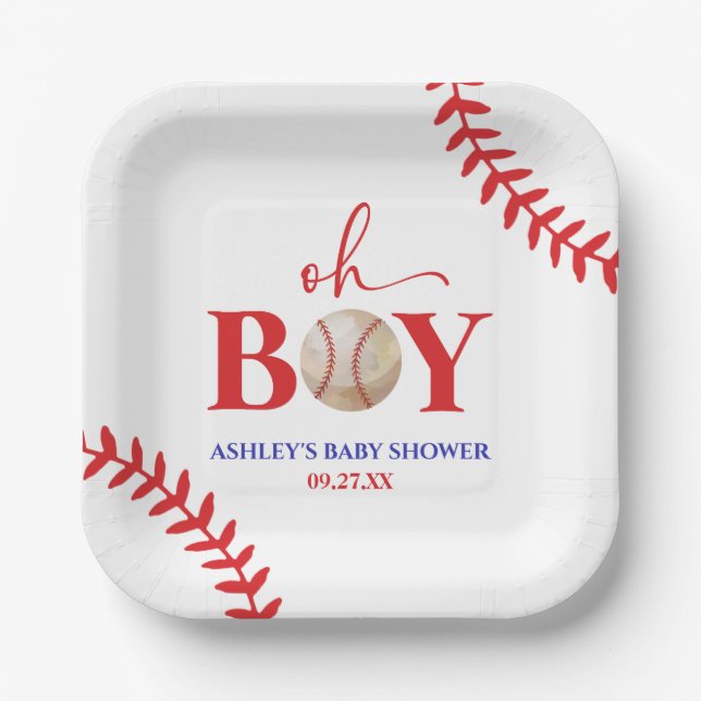 Baseball Oh Boy Brown White Baby Shower Paper Plates (Front)