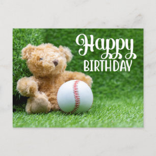 Baseball on Green grass for Birthday Teddy Bear Postcard