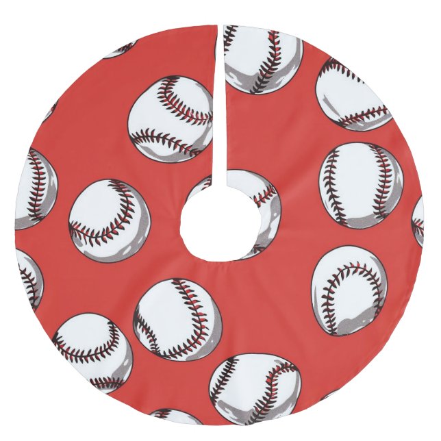 Baseball on red background brushed polyester tree skirt (Front)