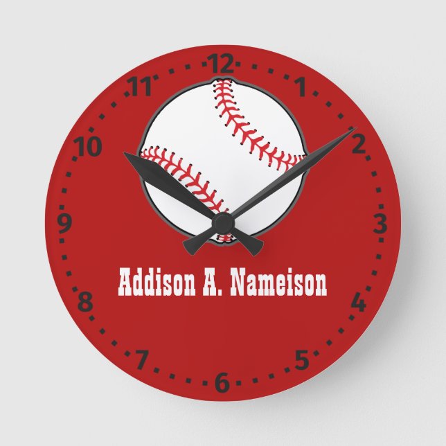 Baseball on Red Name Sports Room Boys Round Clock (Front)