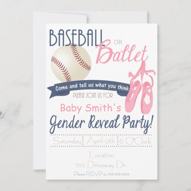 Baseball or Ballet Gender Reveal Cards (Front)