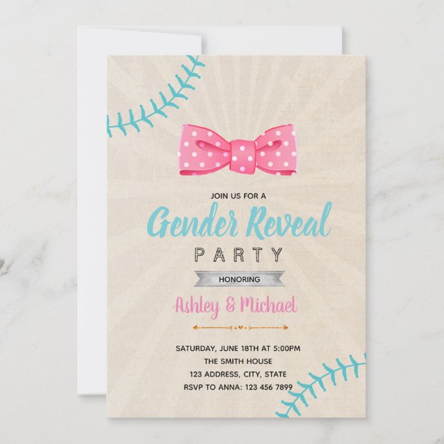 Baseball or bow gender reveal invitation (Front)