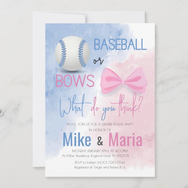 Baseball or Bows, gender reveal invitation (Front)