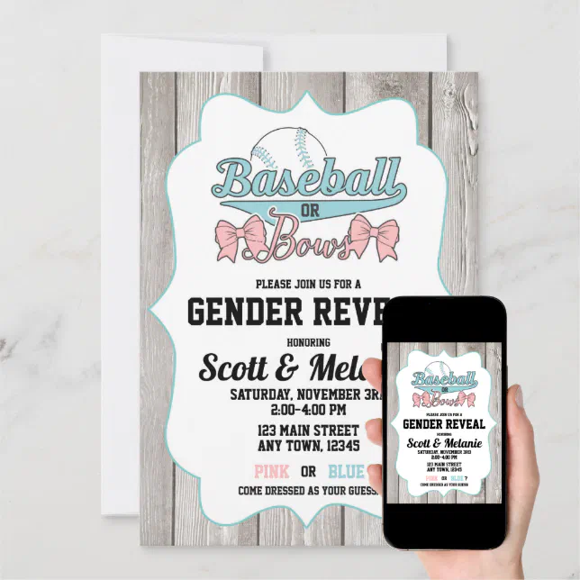 Baseball or Bows Gender Reveal Invitations Zazzle