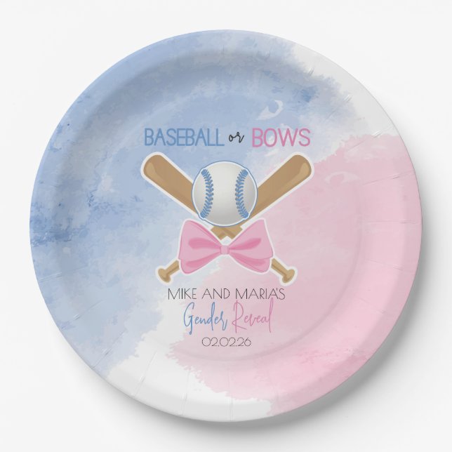 Baseball or bows gender reveal Paper Plate (Front)
