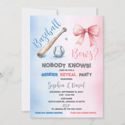 Baseball or bows Gender Reveal Party Invitation