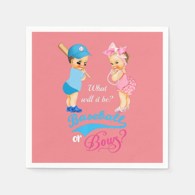 Baseball or Bows Pink Blue Gender Reveal Napkins (Front)