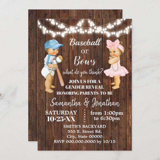 Baseball or Bows Rustic Country Gender Reveal Invitation (Front/Back)