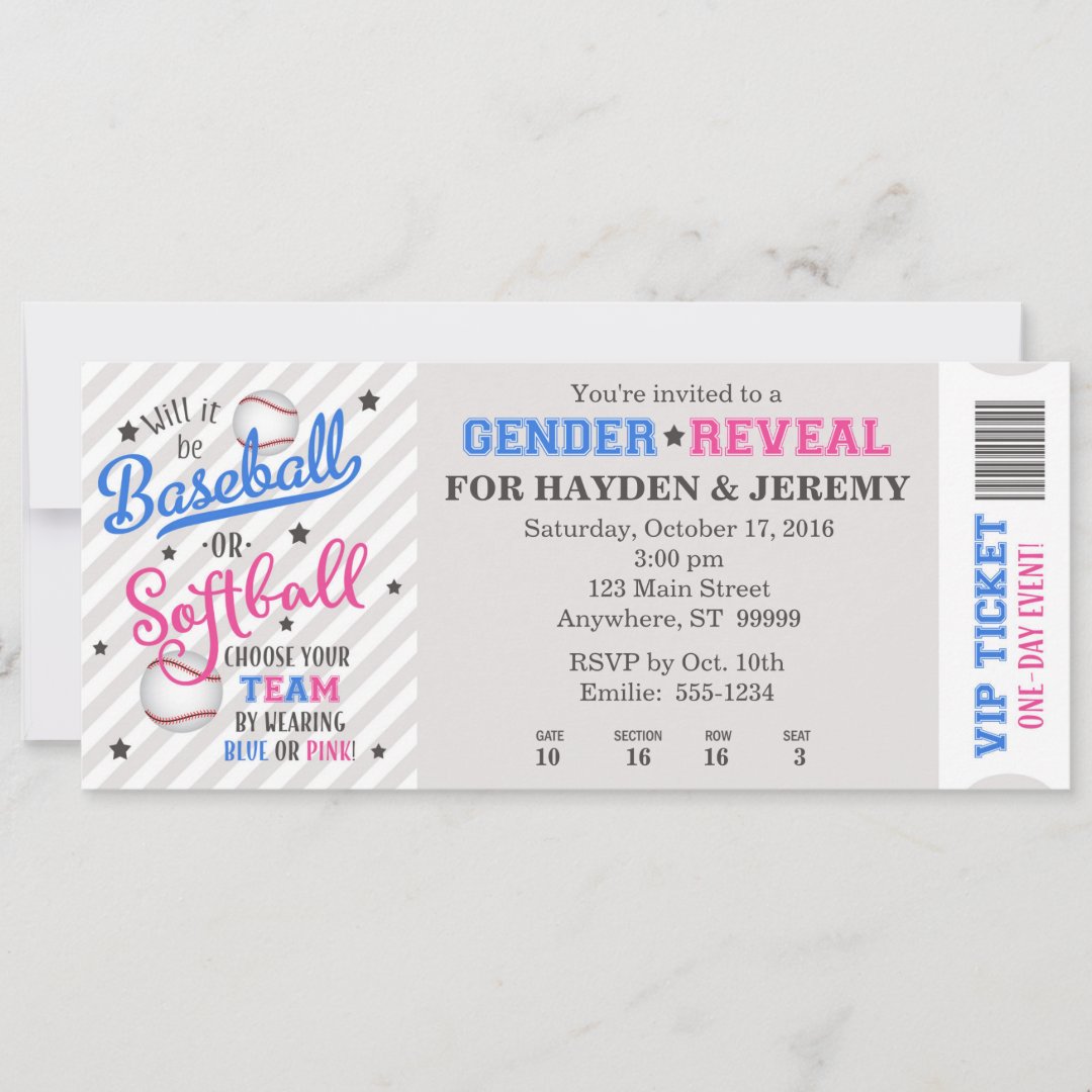 Baseball or Softball Gender Reveal Ticket Style Invitation Zazzle