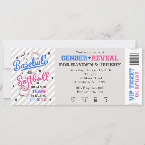 Baseball or Softball Gender Reveal Ticket Style Invitation