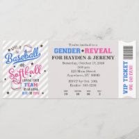 Baseball or Softball Gender Reveal Ticket Style Invitation