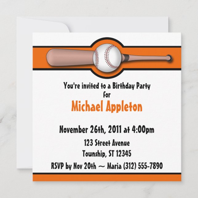 Baseball Orange Birthday Invitations (Front)
