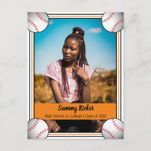 Baseball Orange & Black Graduation Announcement Postcard