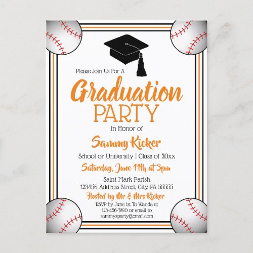Baseball Orange  Black Graduation Party Invitation Postcard