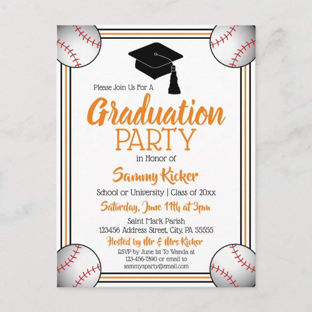 Baseball Orange & Black Graduation Party Invitation Postcard (Front)
