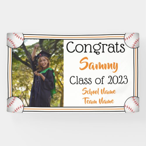 Baseball Orange  Black One Photo Graduation Banner