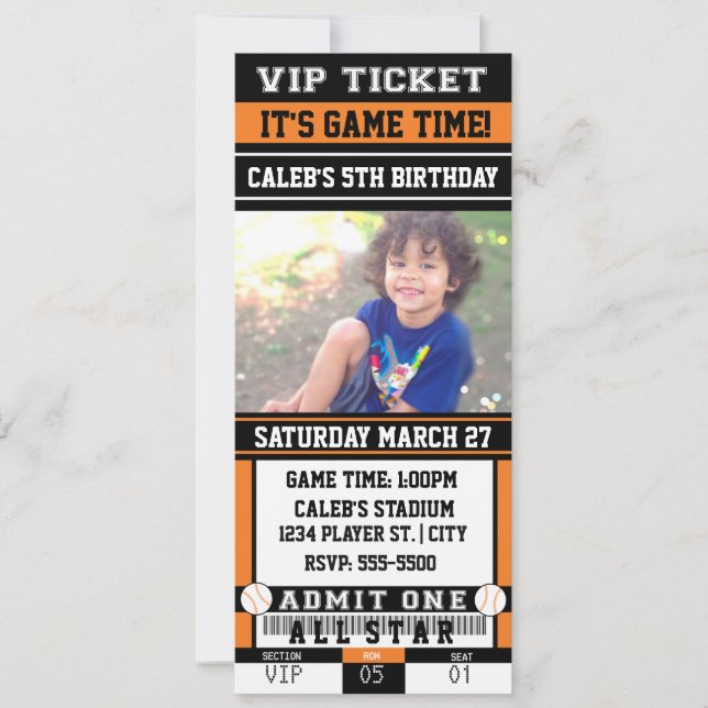 BASEBALL Orange & Black TICKET PHOTO Invitation (Front)